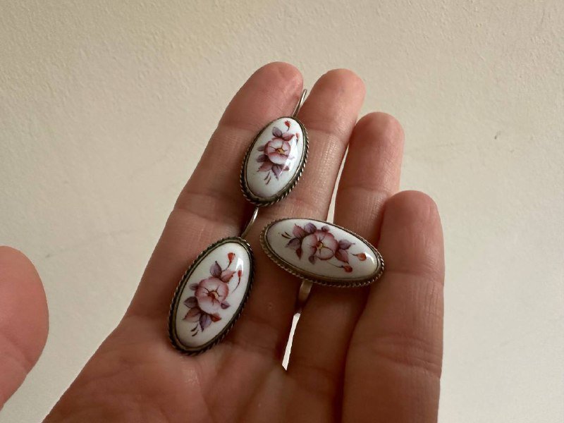 Кольцо и серьги винтаж с эмалью 7