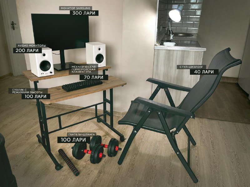 монитор Samsung F24T450FQ, аудио мониторы EDIFIER, механическая клавиатура Shogo 78W, столик с регулируемой высотой, гантели-штанга, стул-шезлонг
