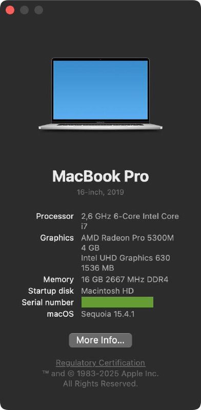 Macbook Pro 16 2019 Intel Core i7 Radeon Pro 5300M 16GB RAM 512GB SSD 7