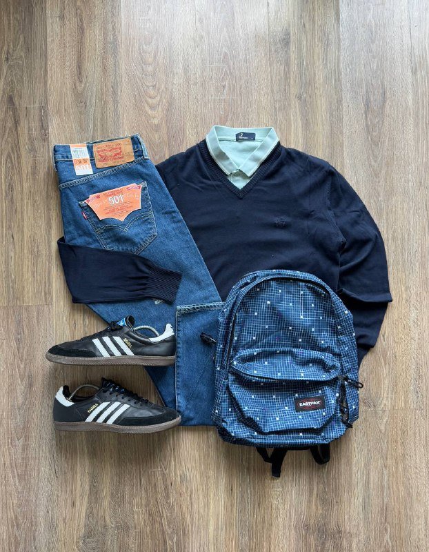 Поло Fred Perry, Джемпер Sergio Tacchini, Джинсы Levi’s, Рюкзак Eastpak, Кроссовки Adidas Samba
