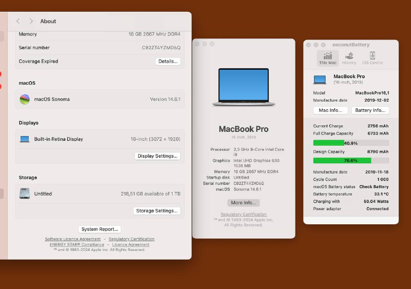 MacBook 2019, 16 inches, Intel Core i9, 1TB memory