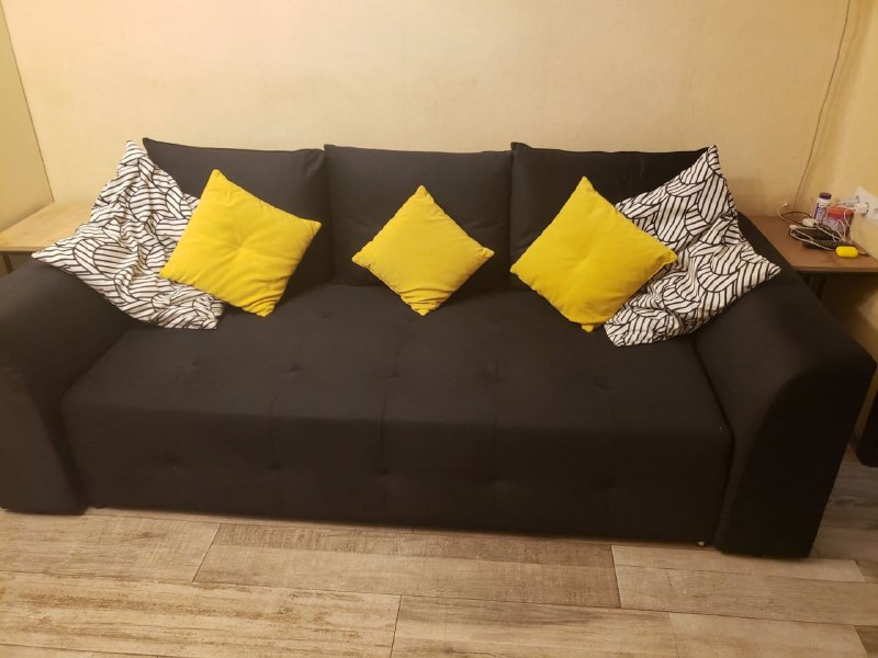 Black sofa, Gray sofa, Yellow sofa, Wardrobe with mirror, Wardrobe, Desks, Shelves