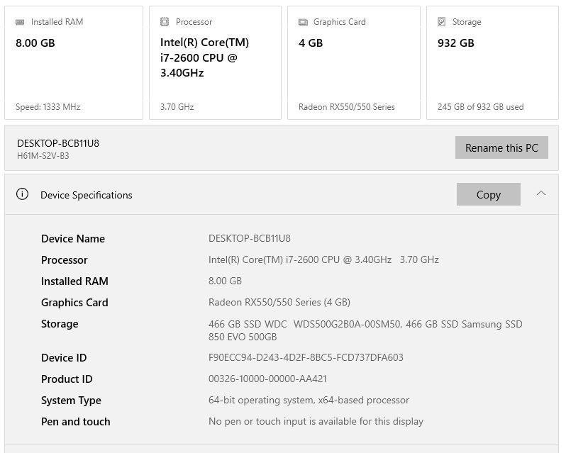 Системный блок ПК Intel Core i7 2600 Radeon RX550 932 ГБ SSD 4