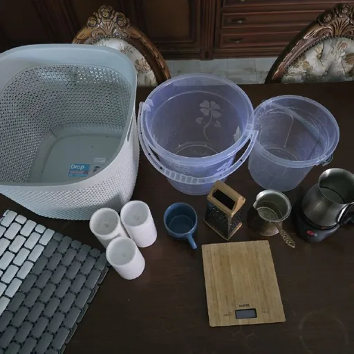 Books, household items, string lights, fan, telescope, pet enclosure, router