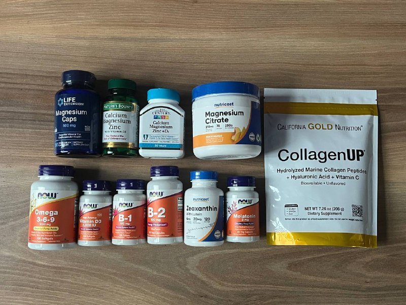 Магний, Кальций, Цинк, Витамин D3, Омега 3-6-9, Мелатонин, Лютеин, Коллаген