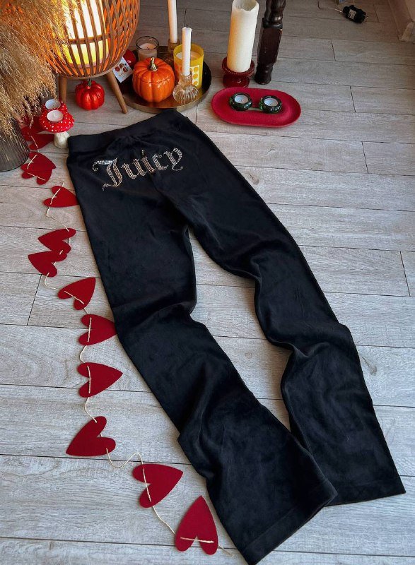 Черные плюшевые штаны Juicy клеш со стразами, размер S 2