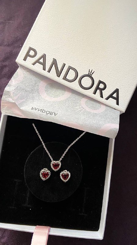 Pandora комплект колье и серьги с красным камнем