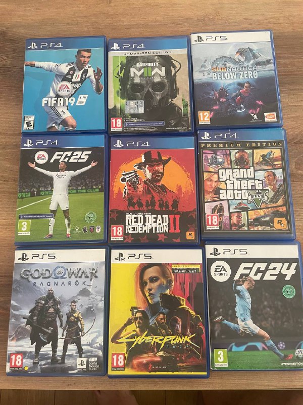 Fifa 19, Call of Duty MW, Subnautica, FC 25, Red Dead Redemption 2, GTA 5, God of War, Cyberpunk, FC 24