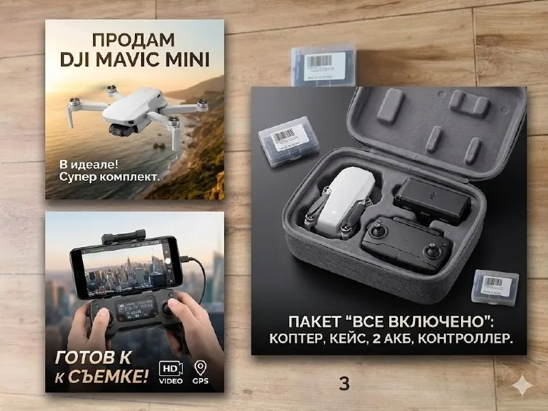 DJI Mavic Mini, пульт, аккумуляторы, зарядный хаб, кейс 1