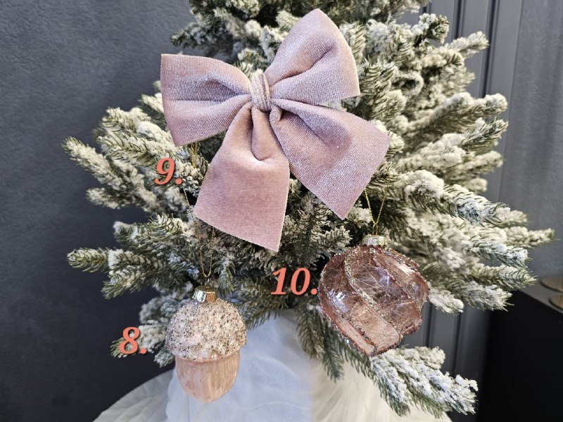 Новогодний декор: шары, украшения, бант, елка в снегу 5