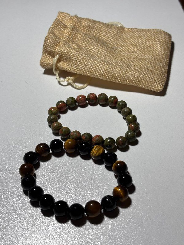 браслеты унакит и кошачий глаз с мешочком