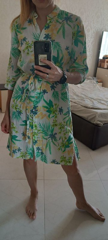 Платье лён бело-бежевое, цветное, синее, Springfield размер М 3