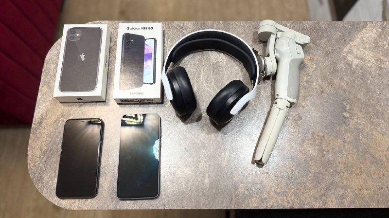 Смартфон Samsung Galaxy A55 5G, DJI Osmo Mobile 4, iPhone 11, Наушники Sony Pulse 3d