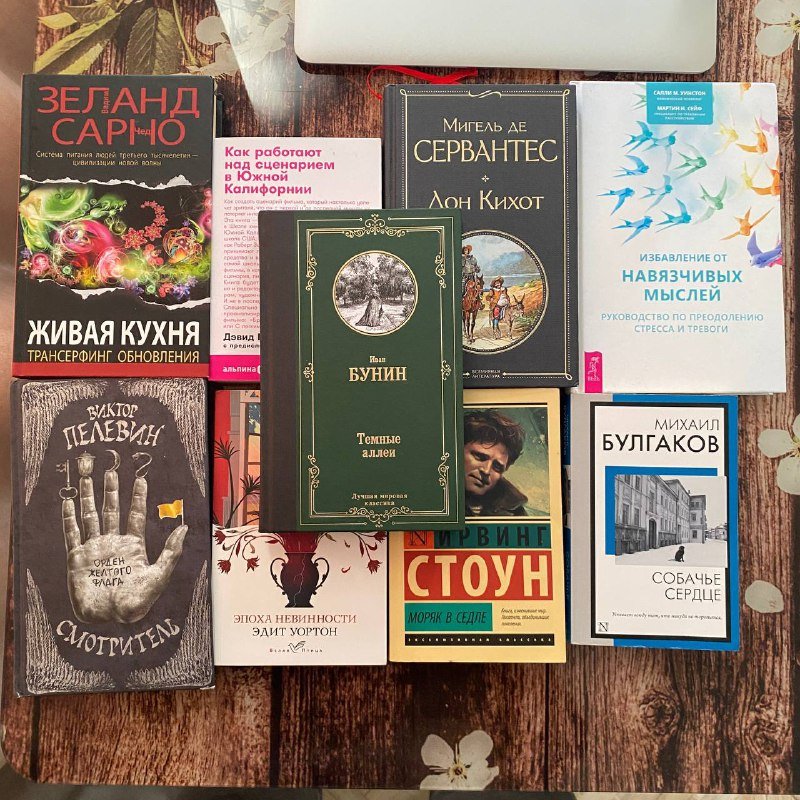 Книги: Собачье сердце, Эпоха невинности, Темные аллеи, Живая еда, Смотритель, Дон Кихот, Как работают над сценарием, Избавление от навязчивых мыслей, Моряк в седле, Английские книги