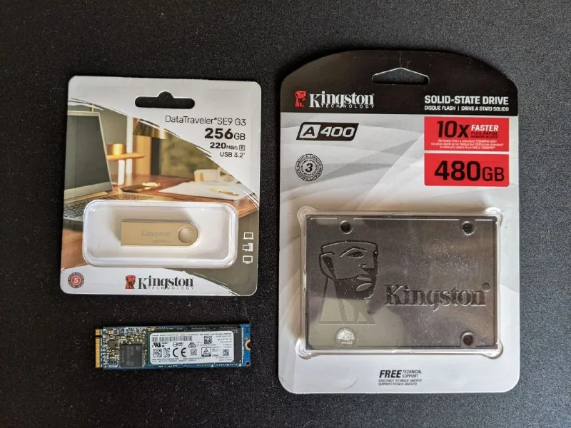 SSD Kingston A400 480Gb, флешка Kingston 250Gb, SSD M2 NVMe Toshiba 1