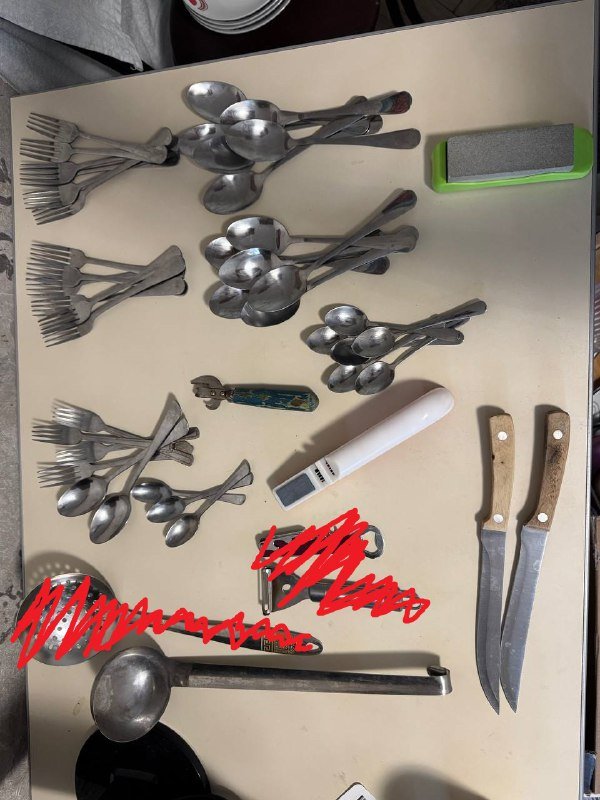 Столовые приборы, посуда, отвертки, плоскогубцы, ведро, тазик