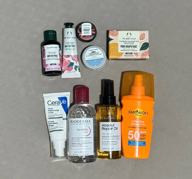 Гель для душа, крем для рук, бальзам для губ, масло для снятия макияжа, мыло, мицелярная вода, масло для волос, солнцезащитный спрей, увлажняющий лосьон