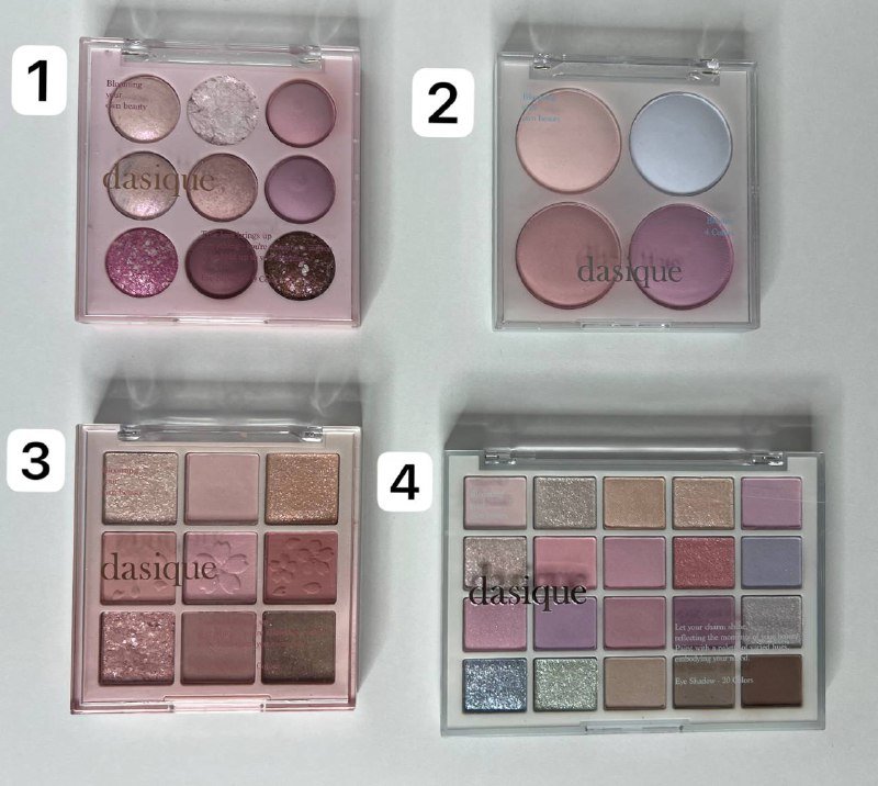 Корейские палетки теней Dasique 1, 2, 3, и палетка румян 4
