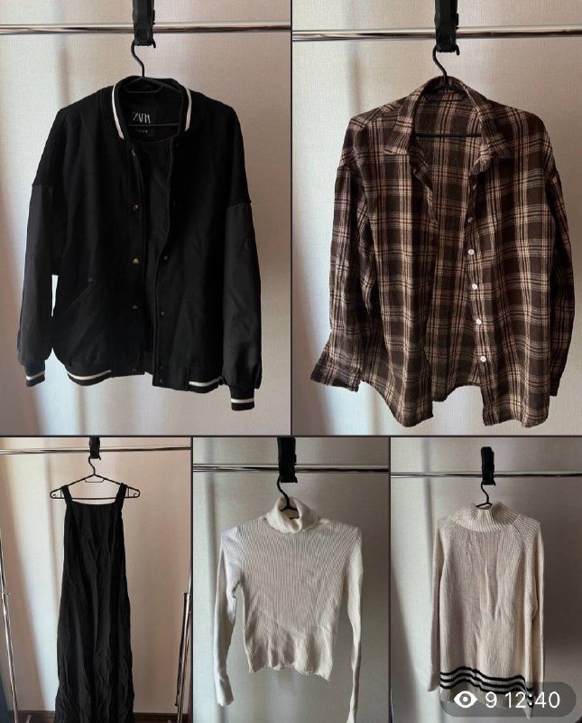 черный бомбер, коричневая рубашка, черное платье, белая кофта