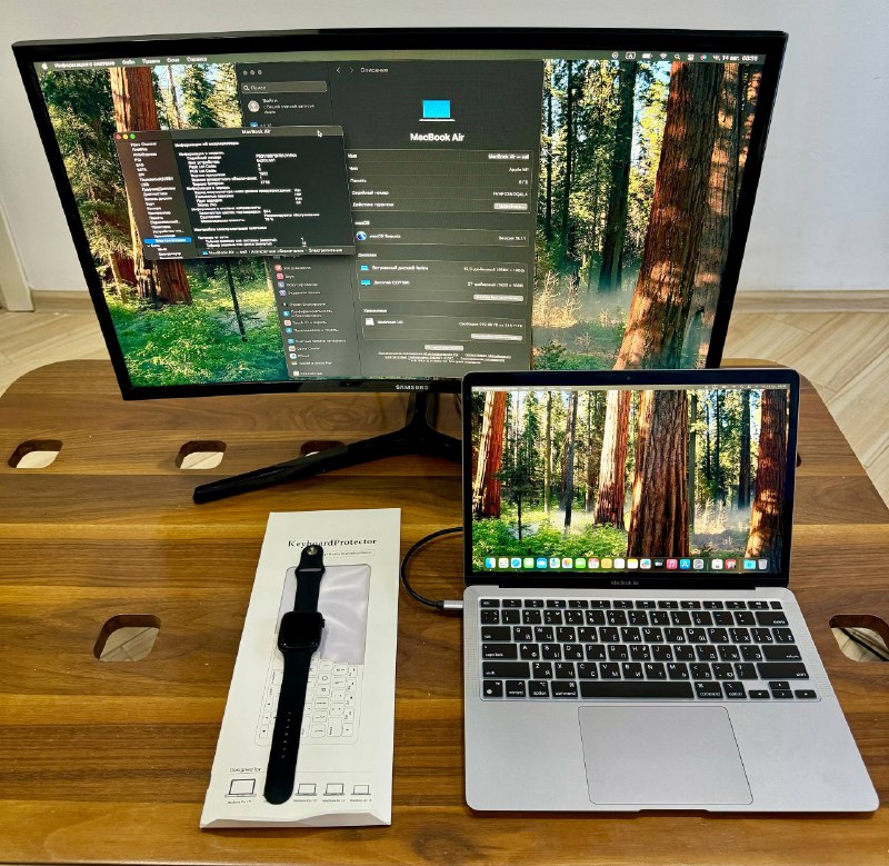 Монитор Samsung C27F390, MacBook Air M1, Apple Watch 9