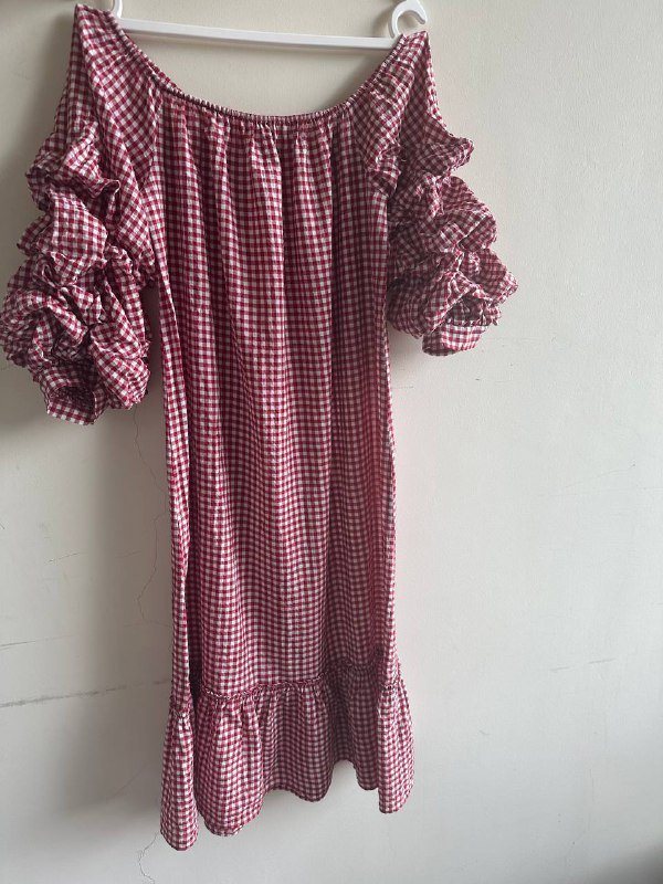 Платье Zara миди красно-белая клетка с открытыми плечами 3