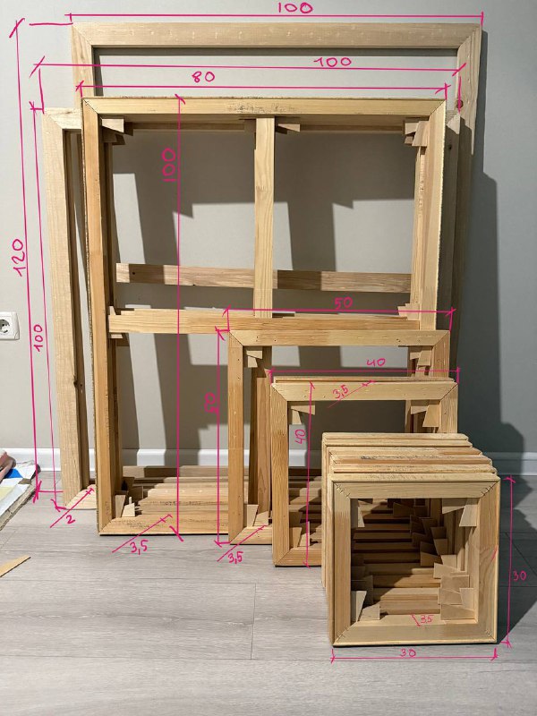 Галерейные подрамники 30x30x3.5 см, 50x50x3.5 см, 100x80x3.5 см, обычные 100x100x2 см, 120x100x2 см