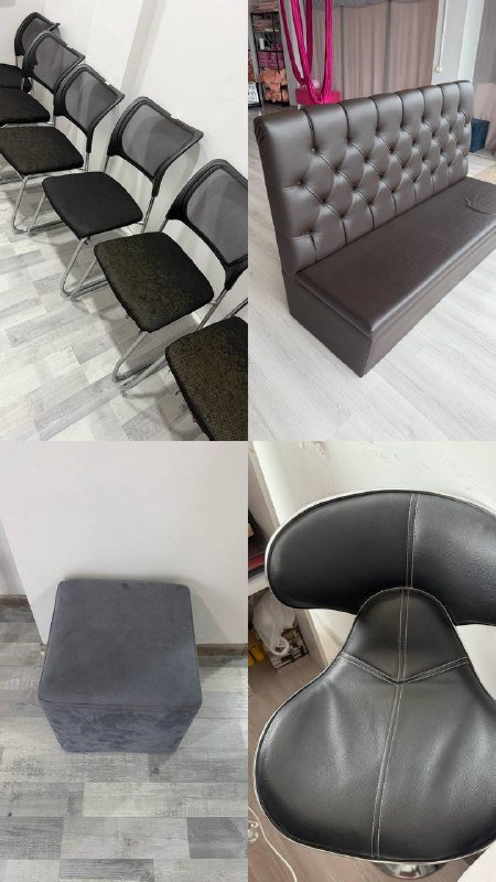 Зеркало с подсветкой, ресепшен, кожаный диван, стулья, пуфы, вешалка напольная, пледы, розовые пуфы