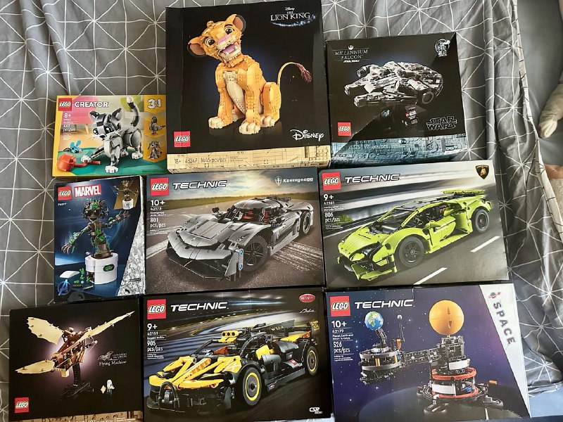 Lego наборы Leonardo da Vinci, Playful Cat, Bugatti, Lamborghini, Koenigsegg, Planet Earth, Lion King, Millennium Falcon