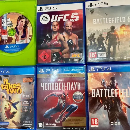 Диски PS5 и PS4, GTA 5, Battlefield, Spider-Man