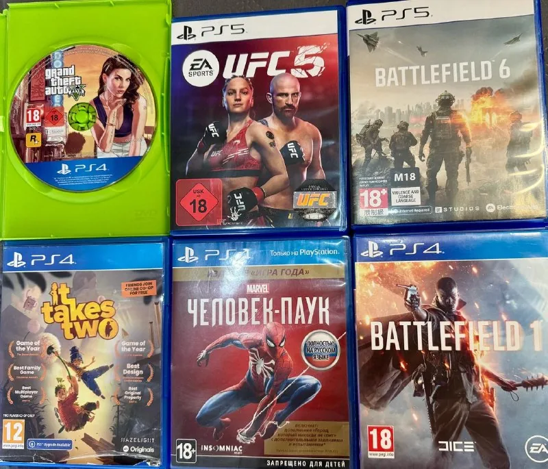 Диски PS5 и PS4, GTA 5, Battlefield, Spider-Man 1