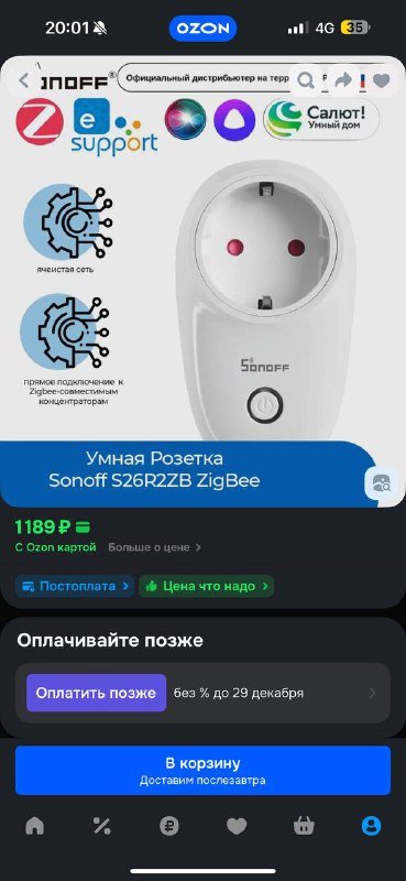 Умная розетка Sonoff S26R2ZB ZigBee