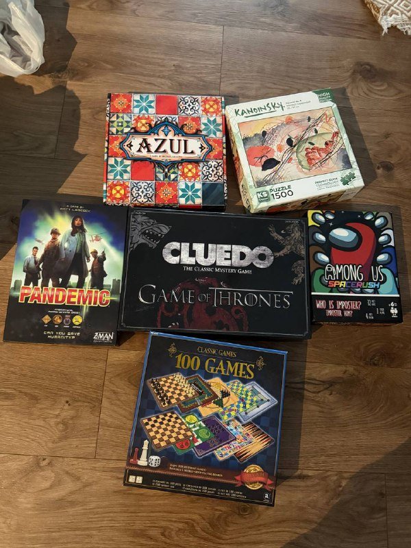 настольные игры cluedo, azul, pandemic, among us, 100 игр, пазлы 1500 деталей