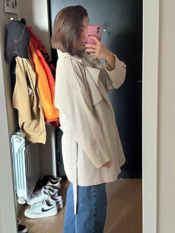 Бежевый тренч с эко-кожи с поясом, oversize 2