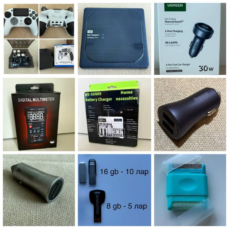Контроллер, HDD, зарядные устройства, мультиметр, лампа, Airpods, футболка