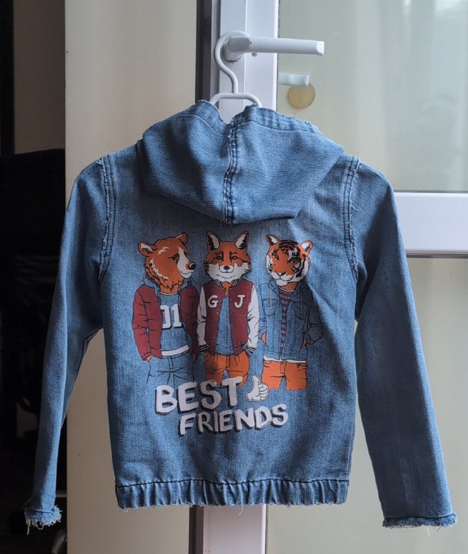 Детская джинсовая куртка с капюшоном на молнии, р 128 2