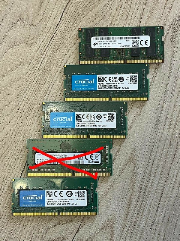 DDR4-3200 SO-DIMM Micron 16 Гб, DDR4 3200 SODIMM Crucial 8 Gb 2 шт, DDR-4 2400 SO-DIMM Crucial 4гб