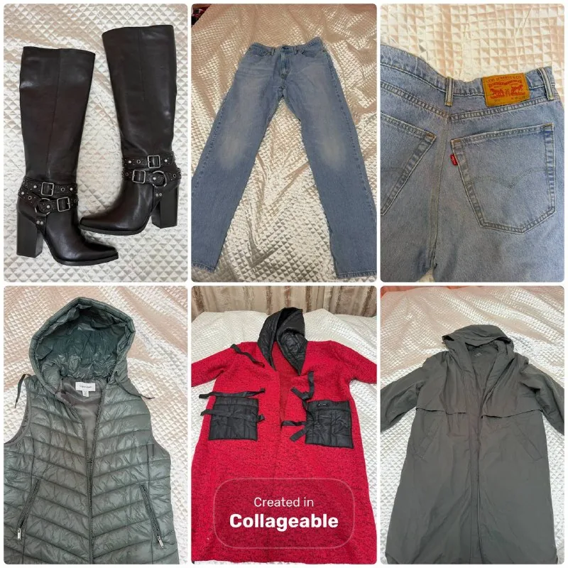 Сапоги, джинсы, жилет, пальто, дождевик