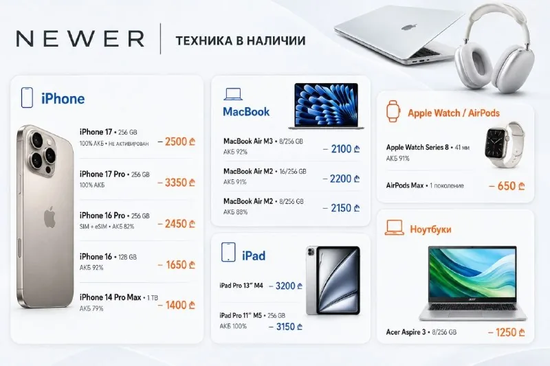 iPhone, MacBook, iPad, Apple Watch, AirPods, ноутбуки