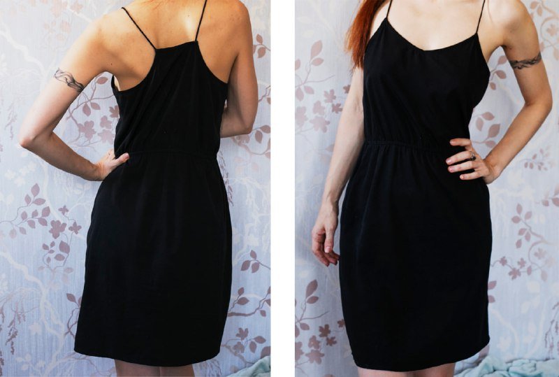 черно-белый сарафан Sister, маленькое черное платье, оливково-зеленая блузка Mango, черная блузка с V-вырезом 2