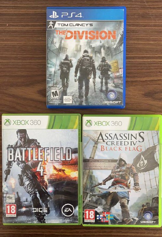 The Division, Assassin's Creed Black Flag, Battlefield 4 диски