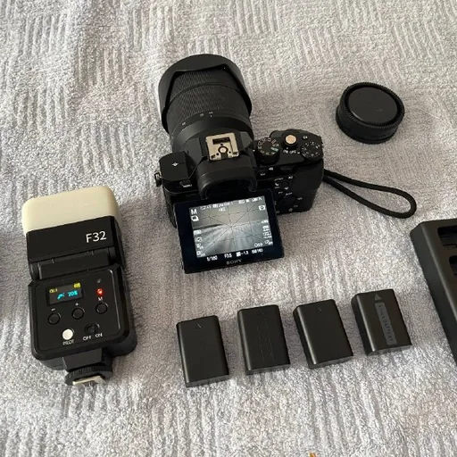Sony a7 Mark I body, kit lens 28-70mm, Ulanzi F32 flash