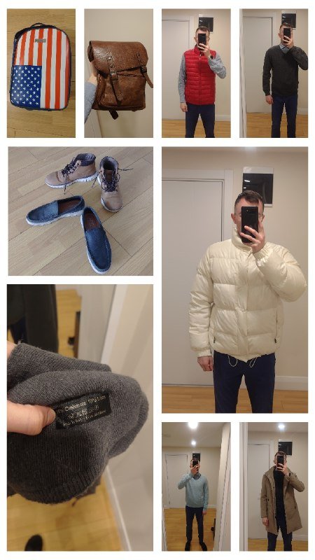 Чемодан, обувь, рюкзак, шарф, жилетка, куртка, свитера, пальто