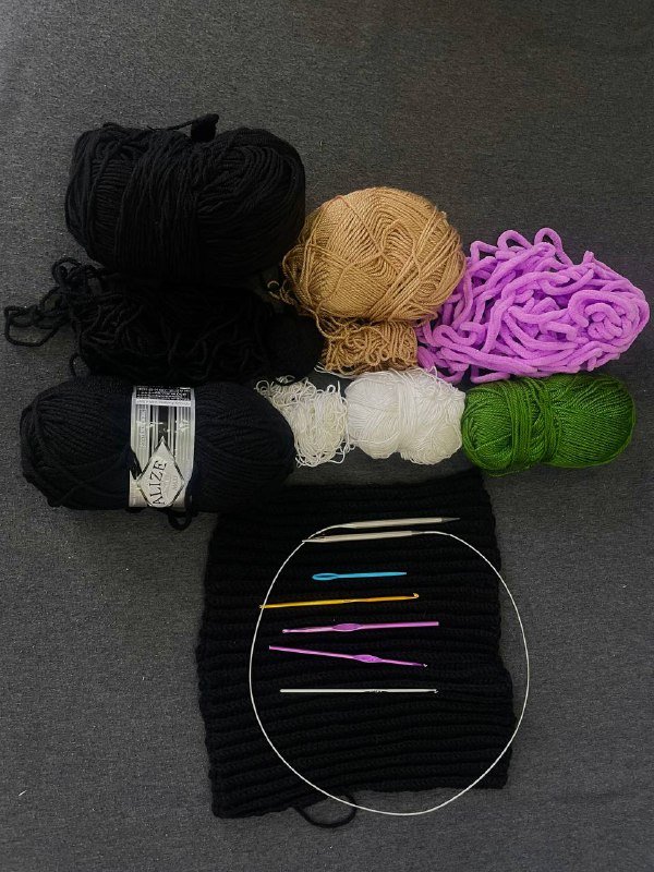 Комплект пряжи и инструментов для вязания