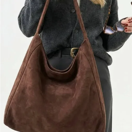 Brown suede shoulder tote bag
