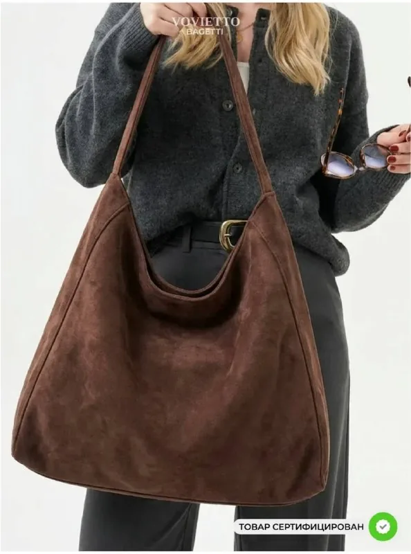 Brown suede shoulder tote bag 1