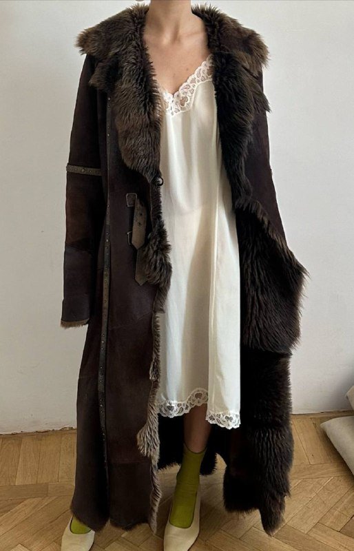 винтажная шоколадная овчиная дубленка
