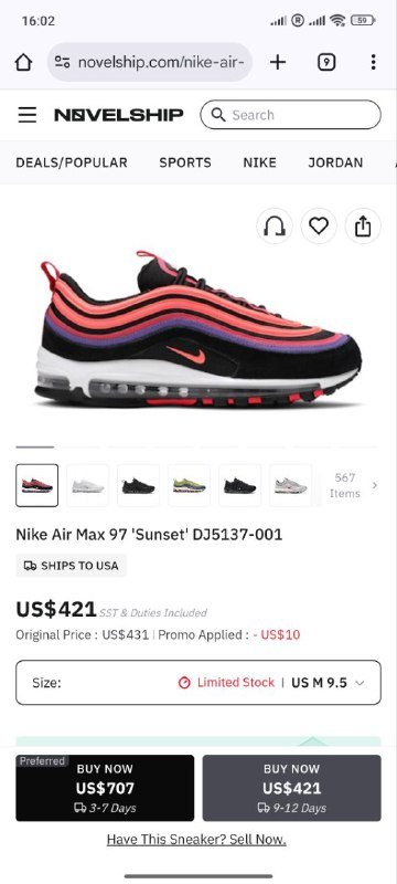 Мужские кроссовки Nike Air Max 97 'Sunset' 45 размер 7