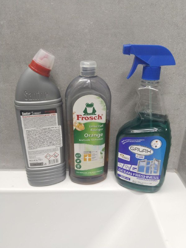 Sanfor от засоров, Frosch универсальное моющее средство, Galax для стекол и зеркал