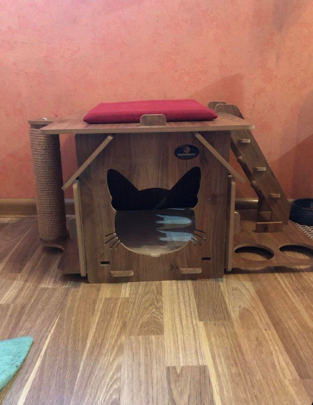 Домик для кошек с тарелками и ковром