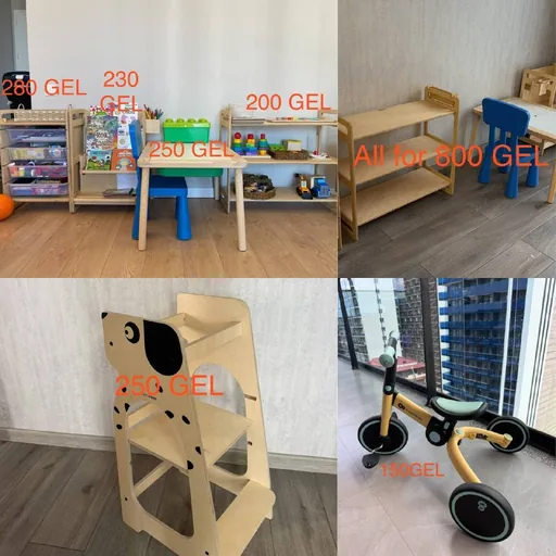 Монтессори мебель, полки, башня помощника, велосипед, игрушки